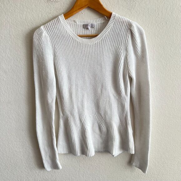 💛 1. STATE White Cotton Cream Cable Knit Crochet Crewneck Sweater Womens Medium - Picture 1 of 4